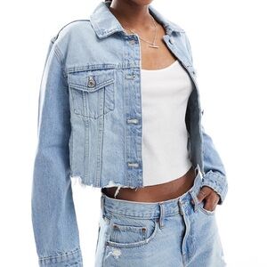 Stradivarius Light Blue Distressed Raw Edge Denim Cropped Jacket in Size Small